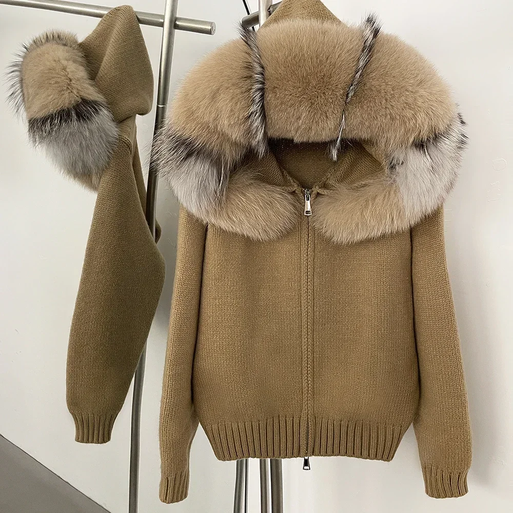 Abrigo cárdigan para mujer, abrigo de piel de zorro Natural, prendas de punto de piel mongol auténtica para mujer, chaqueta de piel tejida con capucha para primavera y otoño
