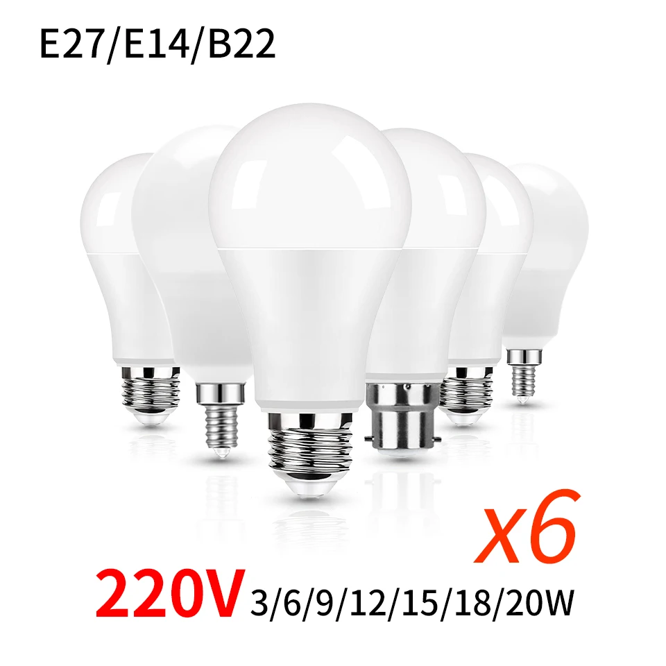 6 unids/lote E27 E14 B22 LED 220V 3W 6W 9W 12W 15W 18W 20W bombilla Led luces Led blancas frías para uso en sala de estar