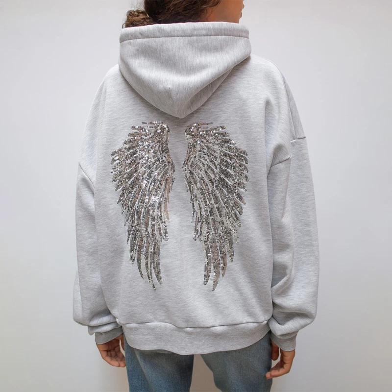 Sudadera con capucha de lentejuelas y alas Retro Y2K, sudadera con adorno de alas de Ángel, ropa de calle informal para mujer, Jersey de ajuste relajado, abrigo