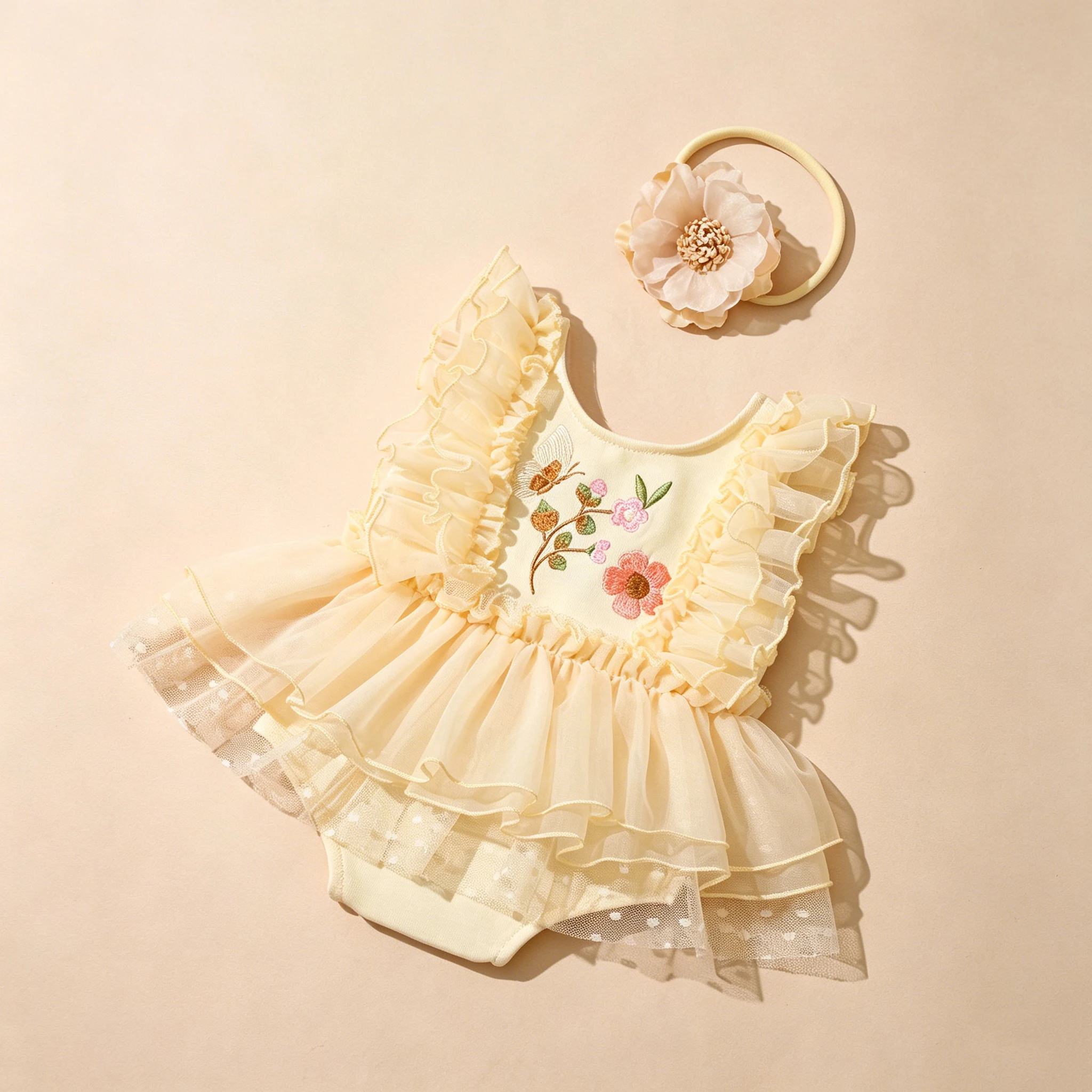 Conjunto de Tutú para Bebé Recién Nacida, Body de Tul con Bordado de Mariposas y Flores, Sin Mangas, con Diadema de Flores para Fotografía