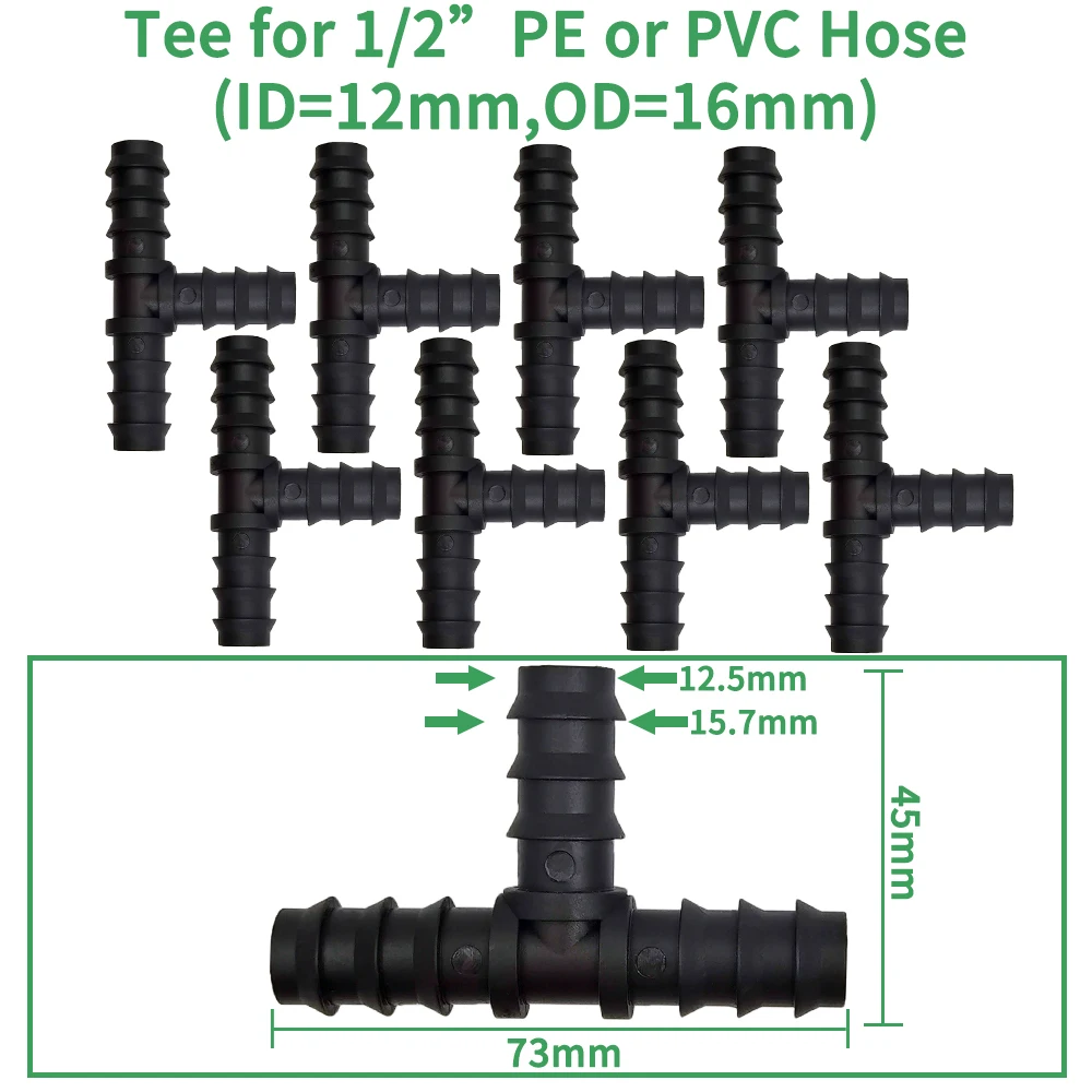 Kit de accesorios de riego por goteo, 34 Uds., 1/2 ", tapón de codo en T recto para tubería de 1/2 pulgadas y 16mm, conexión de manguera de riego de jardín
