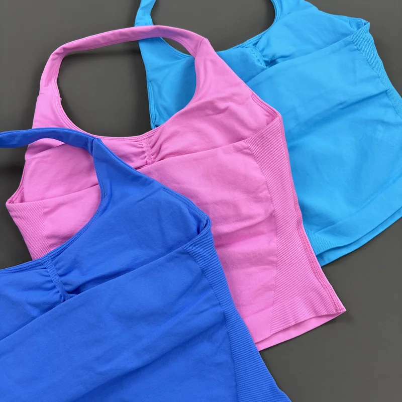 HISTELLO Top Halter Impact para Mujer, Ropa de Gimnasio, Top Deportivo Sin Costuras y Sin Espalda, Chaleco de Yoga, Top Sin Mangas para Correr, Fitness y Entrenamiento