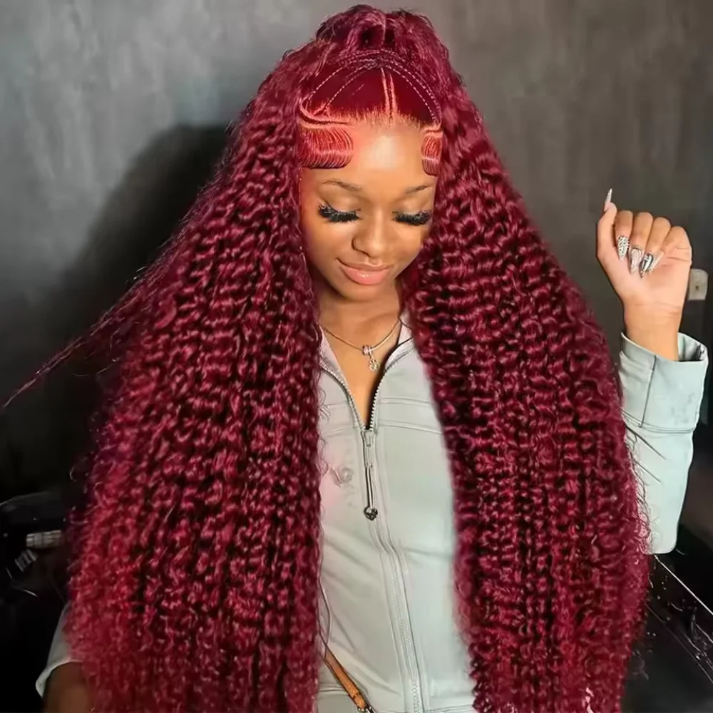 Peluca de cabello humano con encaje frontal de 16 pulgadas, 34 pulgadas, 13x4, color burdeos, ondas profundas, para mujer, densidad 200, HD transparente, pelucas rojas rizadas profundas, pre-arrancadas con cabello de bebé