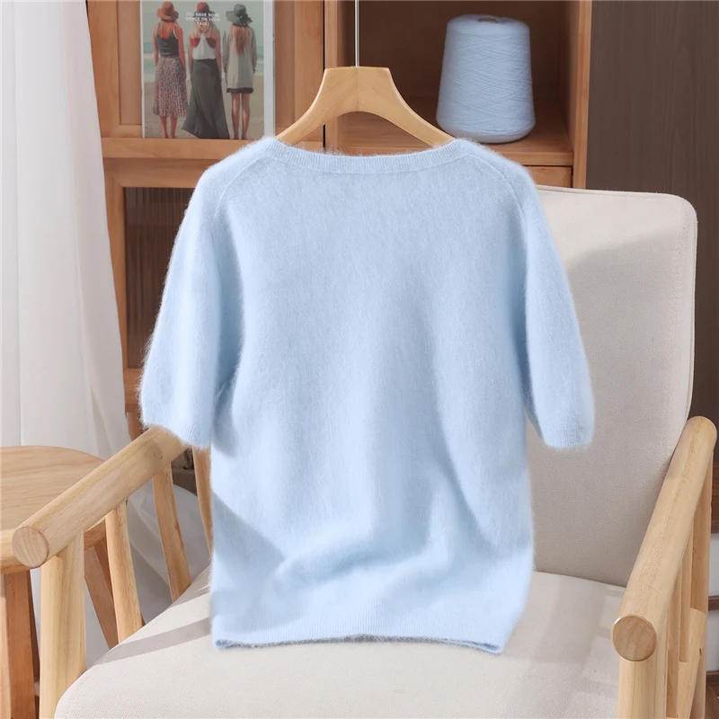 Suéter de punto de Cachemira de visón puro 100% de manga corta para mujer, nueva camiseta con cuello en V, Top informal, camisa básica de Color sólido