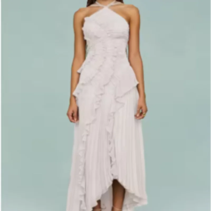 Vestido de noche elegante con tirantes y volantes, vestido de fiesta Sexy con pliegues sólidos y cordones y espalda descubierta, novedad de 2025, bata Y2k para fiesta y vacaciones