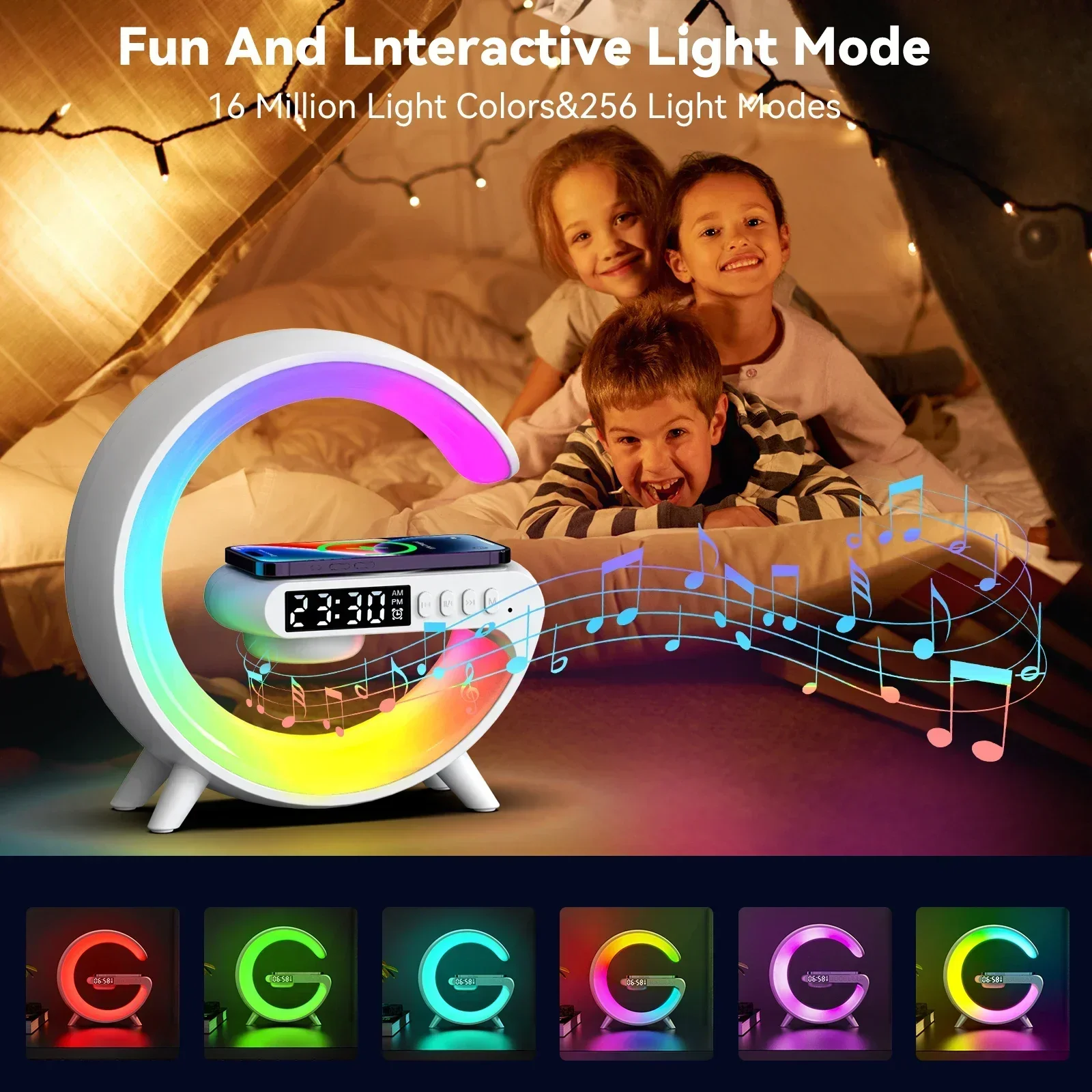 Soporte de cargador inalámbrico multifunción, altavoz despertador con luz RGB para iPhone, Samsung, Xiaomi, Mini estación de carga rápida