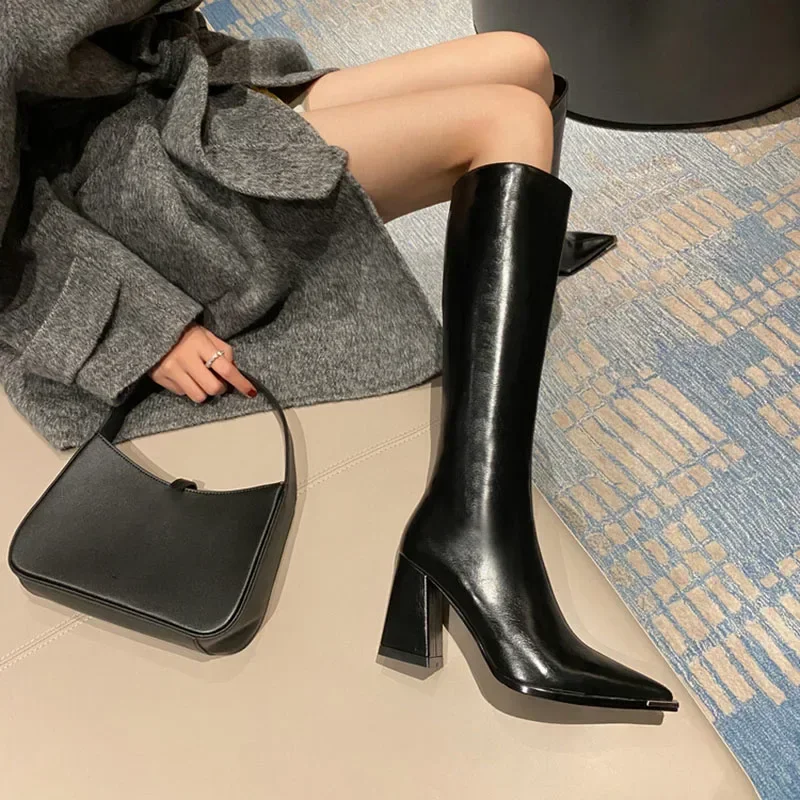 Botas altas con punta estrecha para mujer, botines largos con cremalleras laterales a la moda, zapatos de tacón alto elegantes para fiesta, calzado de invierno para mujer