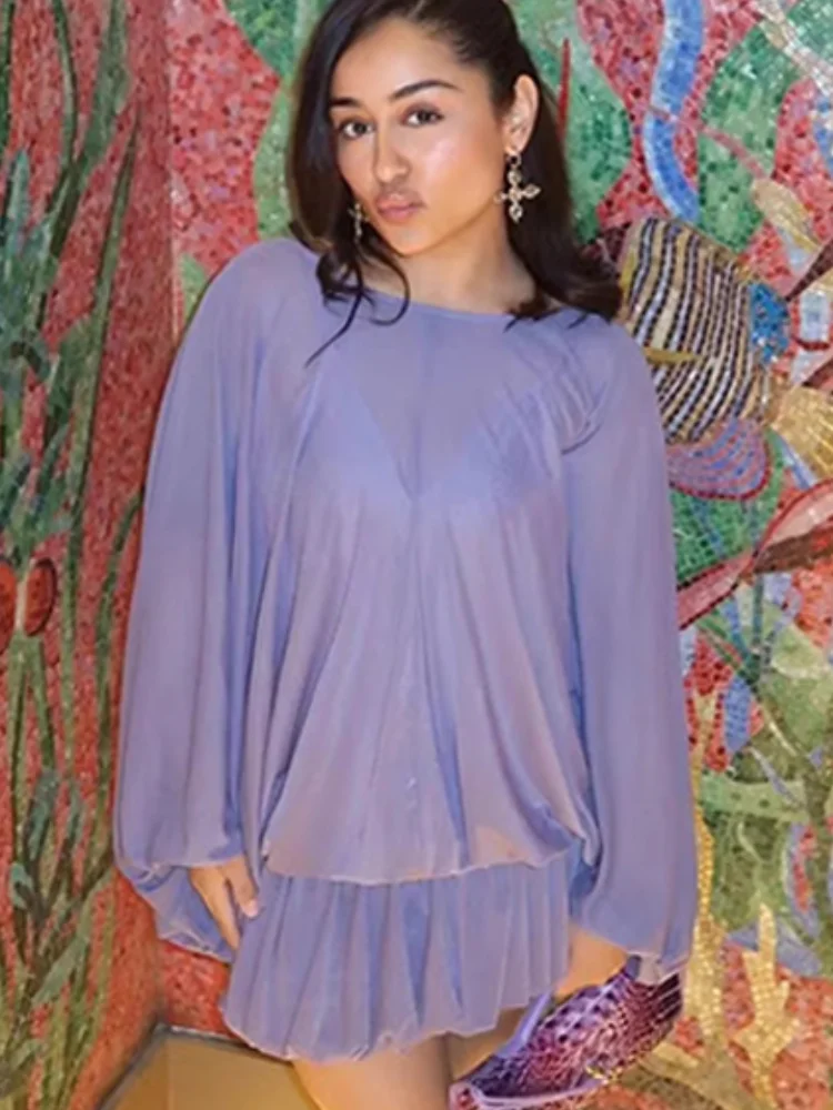 Vestido Mini Boho con Cordones para Mujer, Cuello Redondo Holgado, Manga Murciélago Plisada, Vestidos sin Espalda, Túnica de Fiesta para Vacaciones de Verano 2026