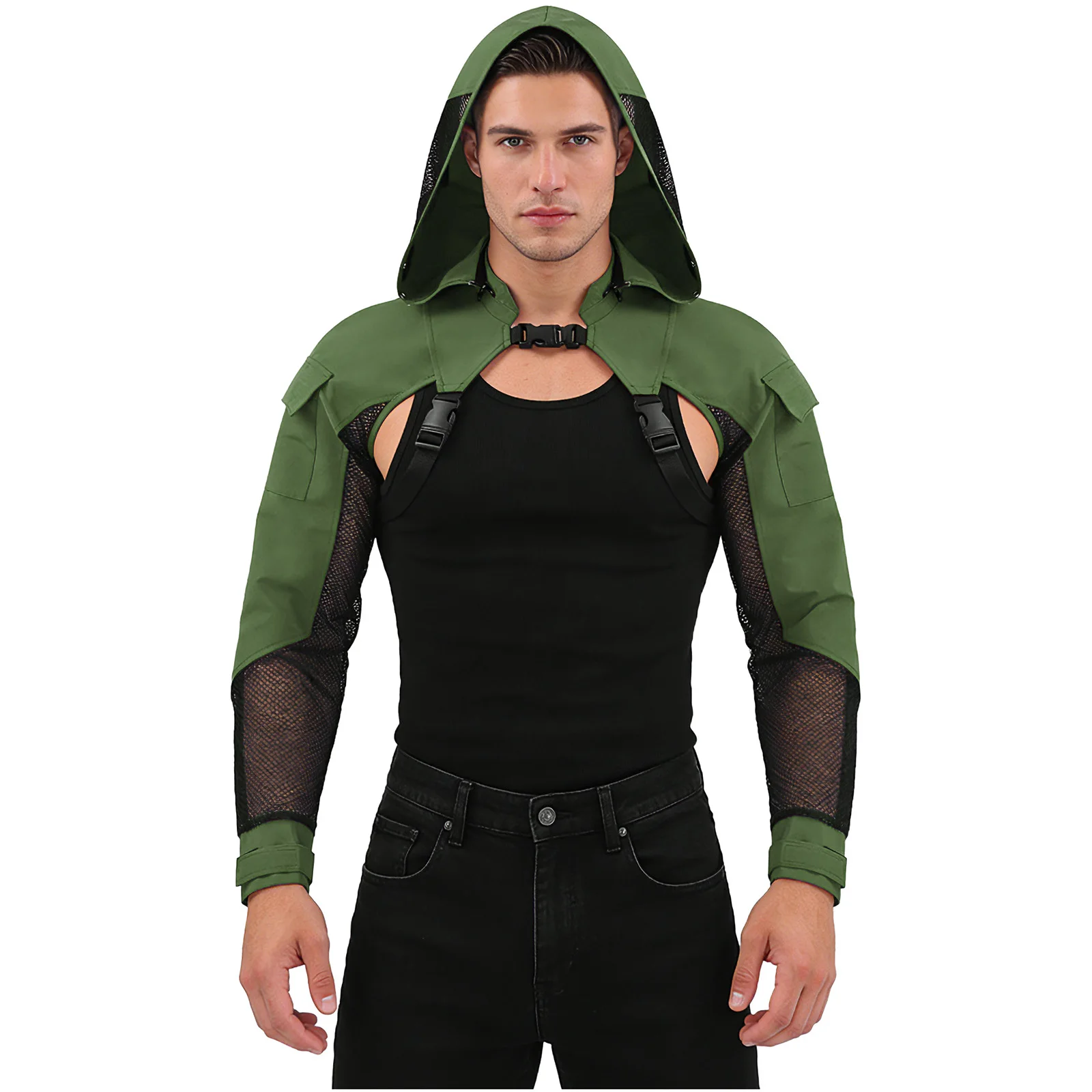 Camiseta corta con capucha para hombre, estilo combate, con malla de rejilla y patchwork, manga larga, con bolsillo, correas ajustables con hebilla y armadura en los hombros, para disfraces.
