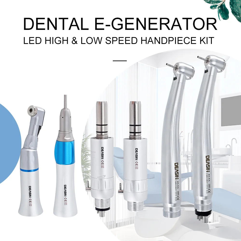 DEASIN Kit de Piezas de Mano Dentales de Alta y Baja Velocidad con Generador Eléctrico LED, Cabezal Estándar Recto y Contra-ángulo, Turbina de Aire con Triple Pulverización de Agua