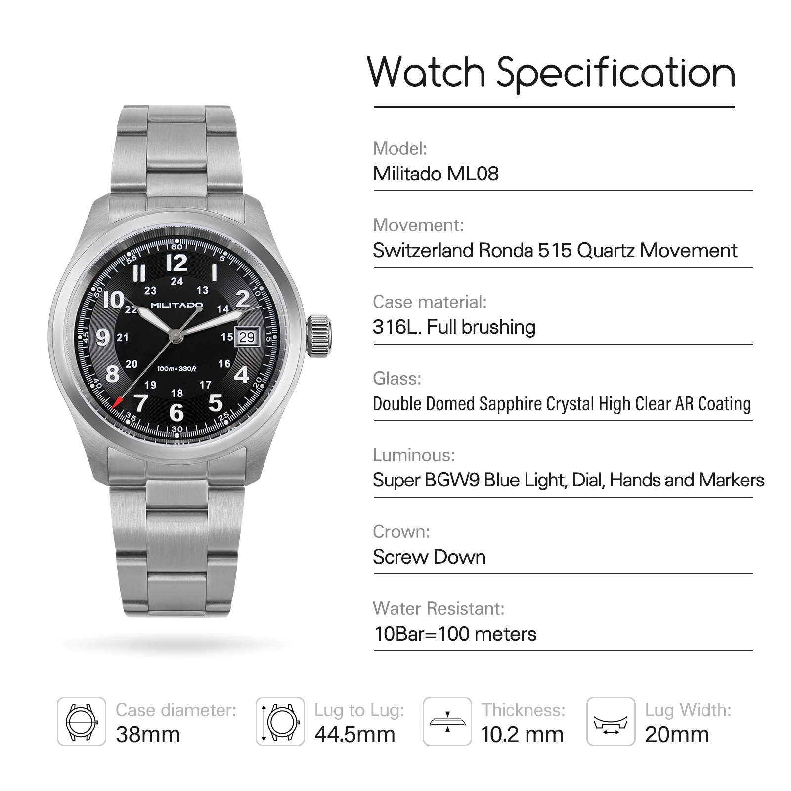 Reloj de cuarzo Militado ML08 Vintage Ronda 515 movimiento Ar espejo de zafiro 38Mm reloj de pulsera fecha relojes impermeables superluminosos