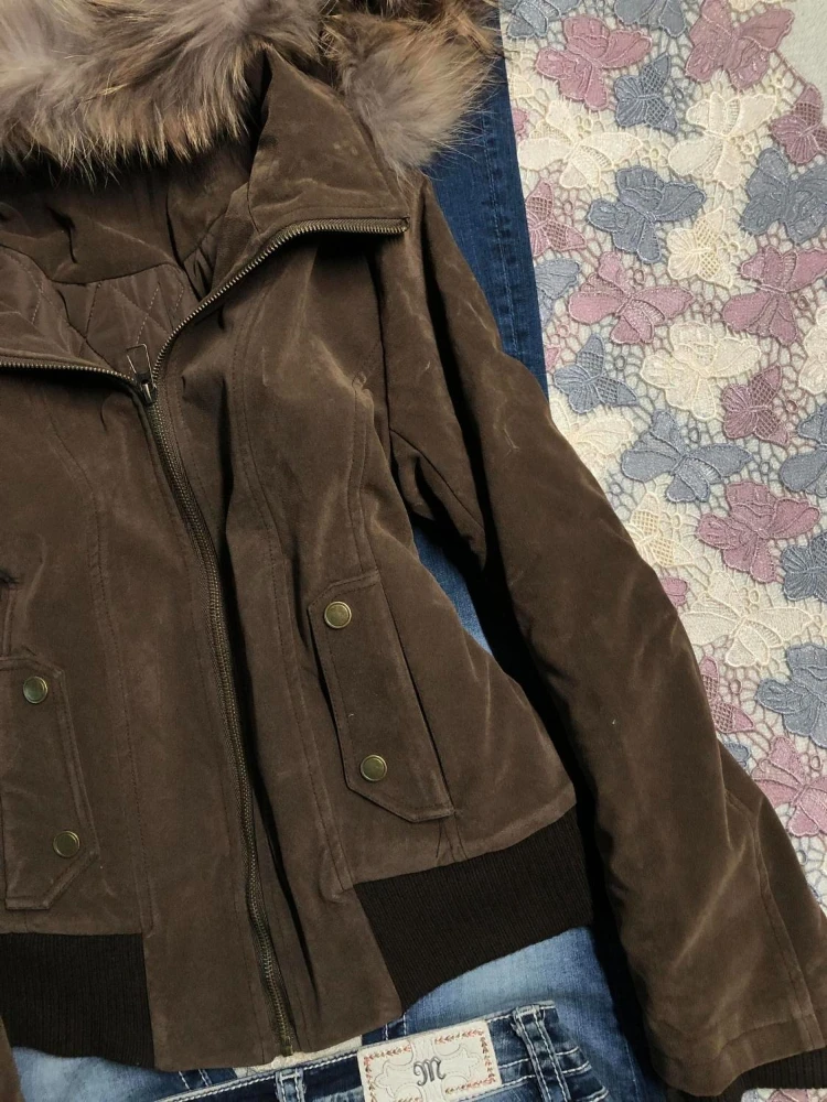 Chaqueta con capucha Harajuku de moda Vintage americana para mujer, abrigo corto ajustado con cuello de piel marrón, ropa de calle informal, prendas de vestir exteriores elegantes