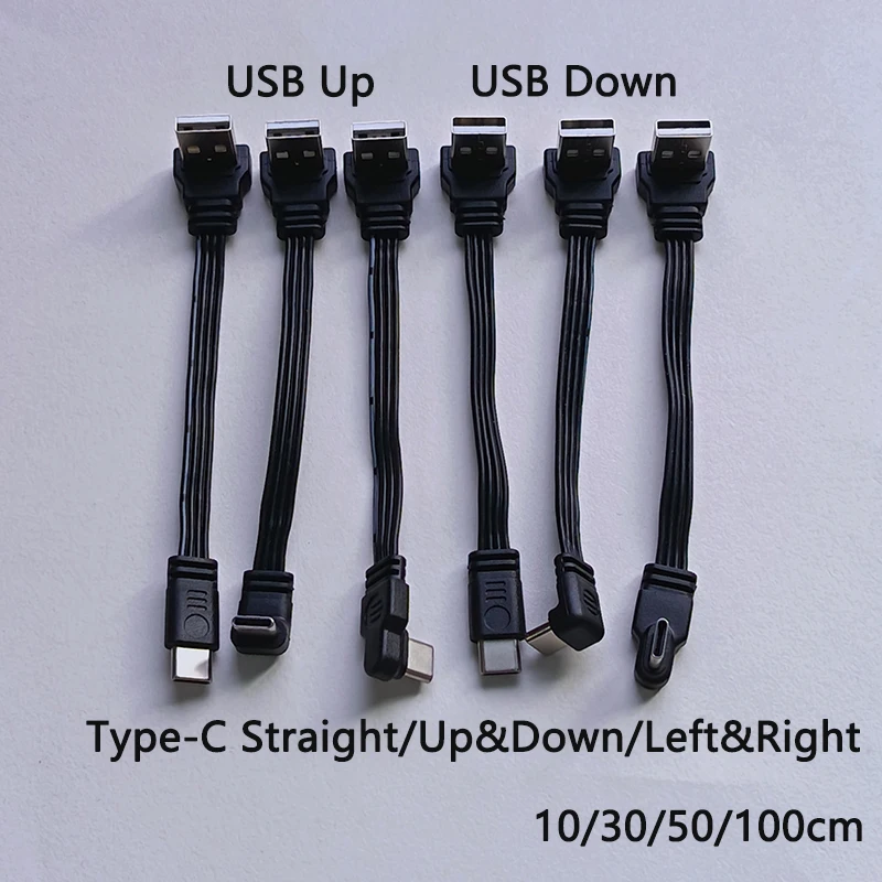 Cable de datos USB A a tipo C de carga rápida, recto/ascendente/descendente/izquierdo/derecho, cable plano de silicona suave de 10-100cm, 1 unidad