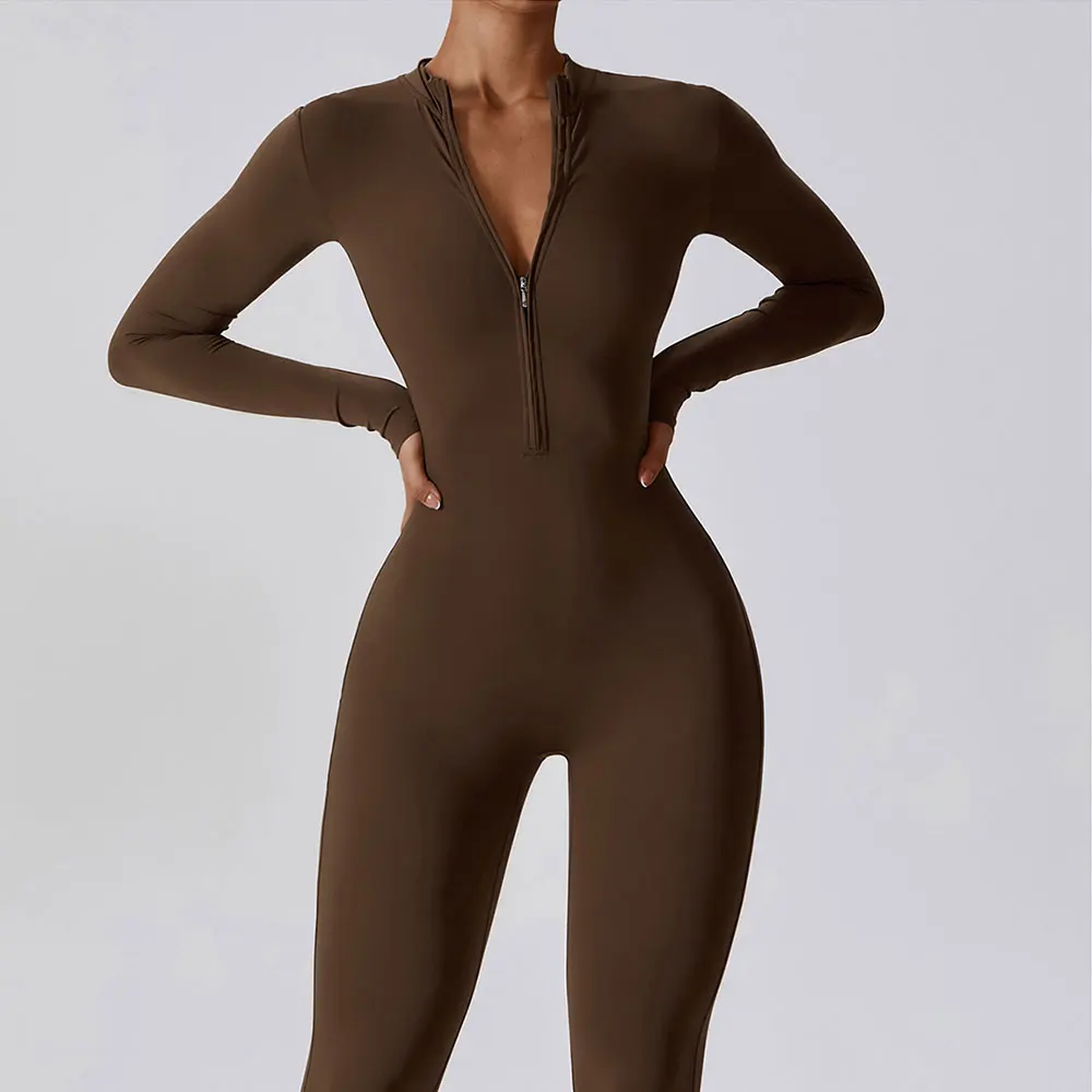 Monos de una pieza para mujer, conjunto de Yoga de manga larga con cremallera, ropa de entrenamiento de realce para gimnasio, mono deportivo, chándal