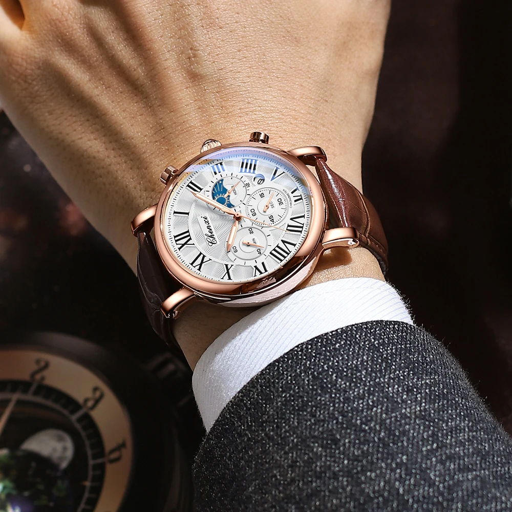 CHENXI, relojes de negocios a la moda para hombre, reloj de cuarzo de lujo, cronógrafo con fecha automática, reloj de pulsera de cuero resistente al agua para hombre