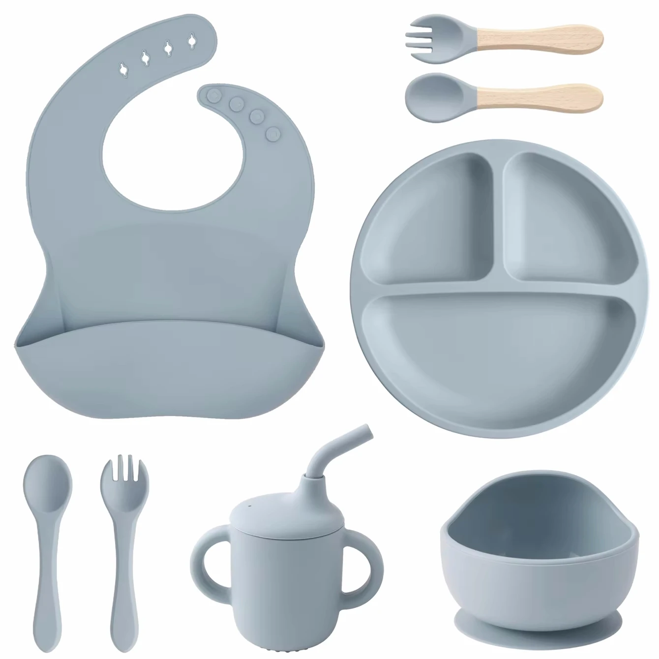 Vajilla plegable para bebés con ventosa, juego de platos para bebés, platos de comida sólida, biberón, taza de paja, vajilla para niños