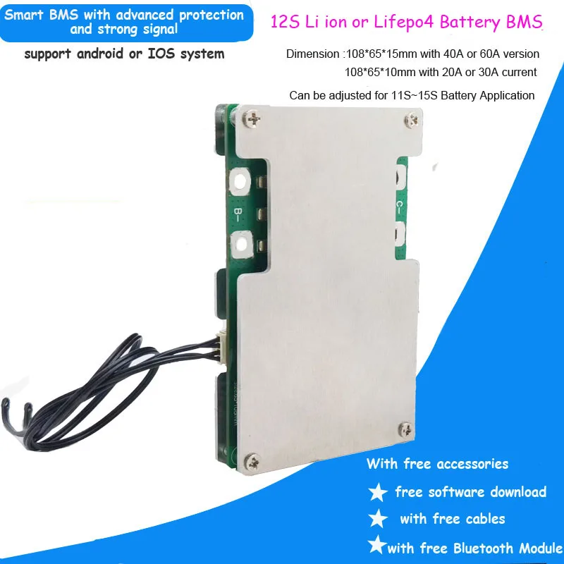 Batería de iones de litio de 12S, BMS inteligente con corriente de descarga constante de 20A, 30A, 40A, 60A, para PCB de litio bluetooth de 50,4 V