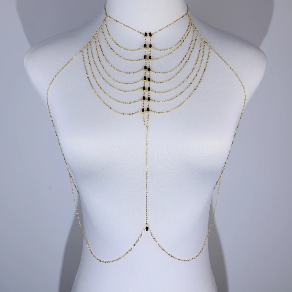 Collar con colgante de circonia cúbica verde, negro y blanco multicapa para mujer, Color dorado, borla ostentosa, cadena para el cuerpo, geometría, regalo de joyería múltiple