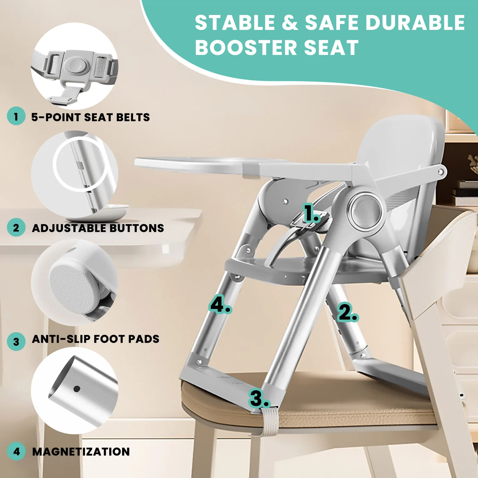 Asiento elevador plegable para bebé, silla alta para comedor, asiento de alimentación portátil para niños pequeños de 6 meses a 3 años de aproximadamente