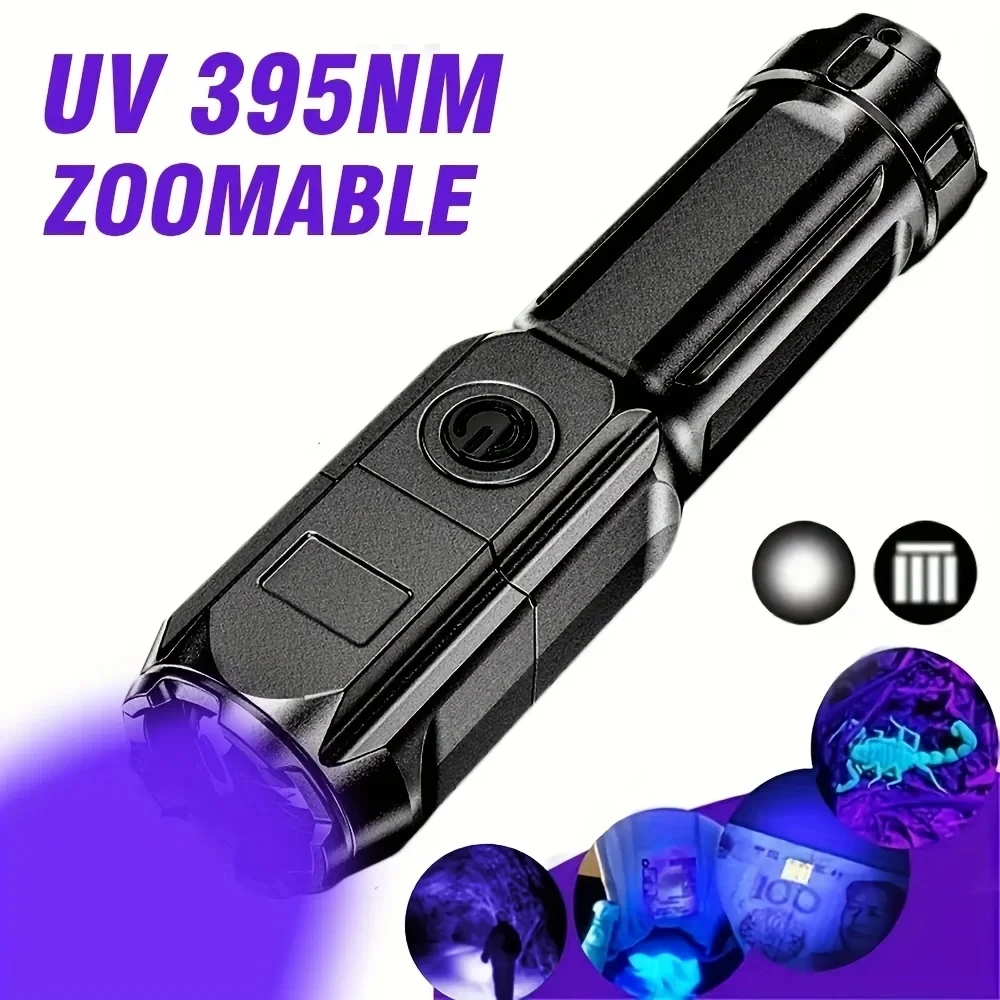 Linterna UV portátil UV395NM, antorcha ABS con zoom, 3 modos, linterna ultravioleta para acampada, detección fluorescente de pilas de mascotas