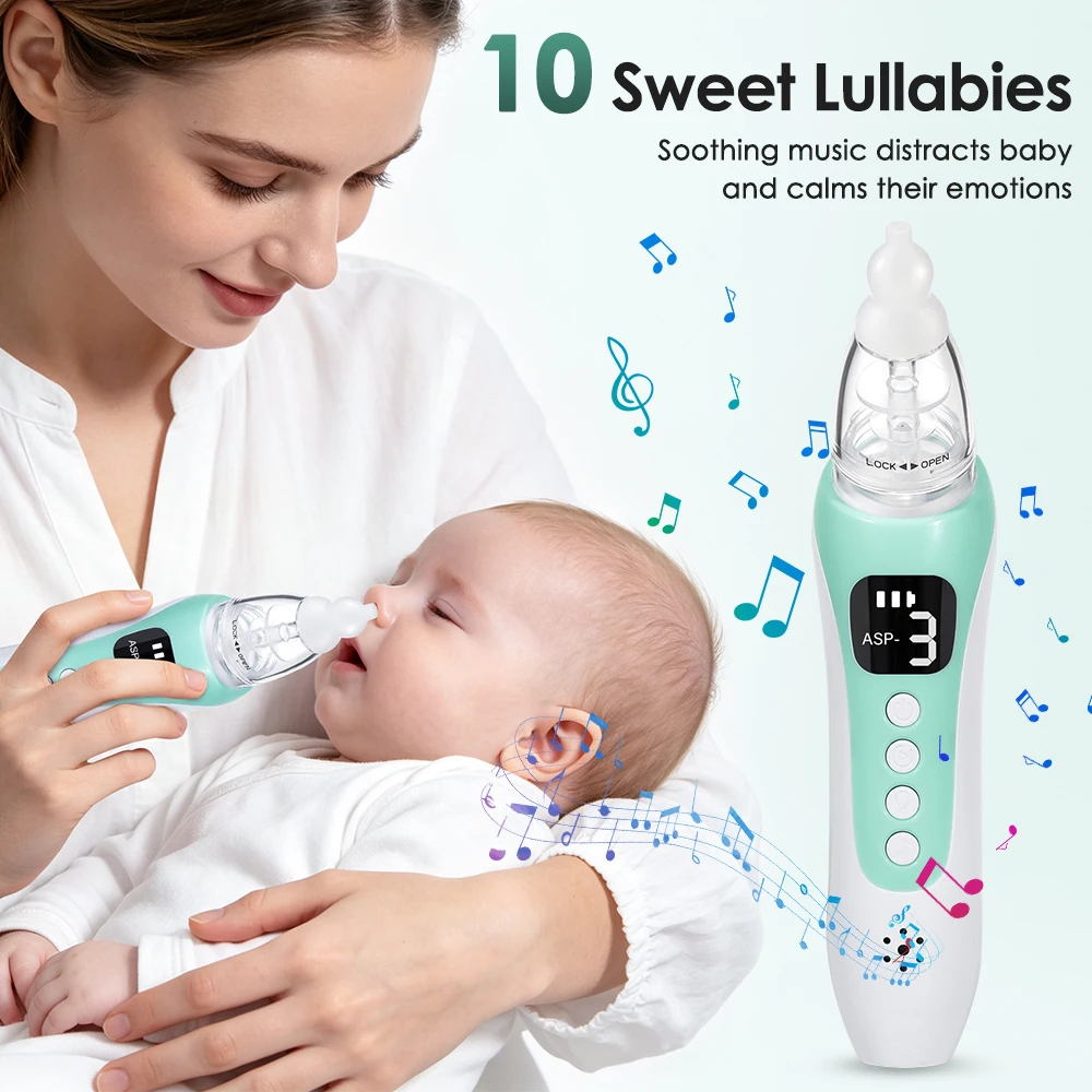 Aspirador Nasal Eléctrico para Bebé Recargable, Sacamocos con 3 Niveles de Succión, 10 Melodías Relajantes, 3 Boquillas de Silicona para Recién Nacido y Niños, Pantalla HD, Bajo Ruido, Antirreflujo, Fácil Limpieza