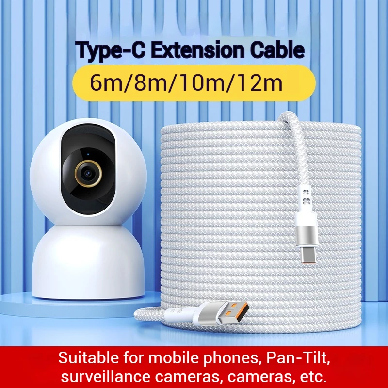 Cable de Carga Tipo-C Trenzado Extra Largo, Apto para Cámaras de Coche, Impresoras y Cables de Extensión USB, Cable de Datos de 3m, 5m, 8m, 12m