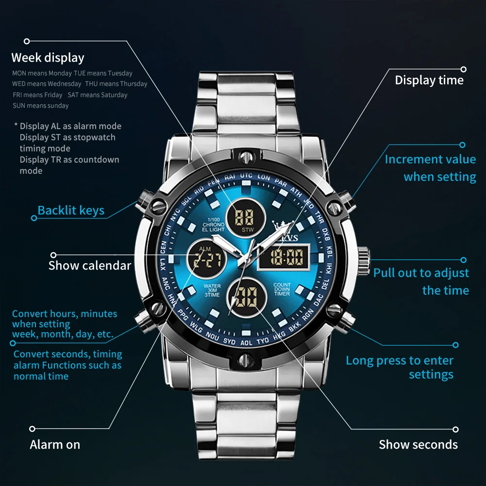 Relojes OLEVS para hombre, reloj electrónico multifuncional Original para hombre, reloj despertador luminoso resistente al agua, vestido de moda