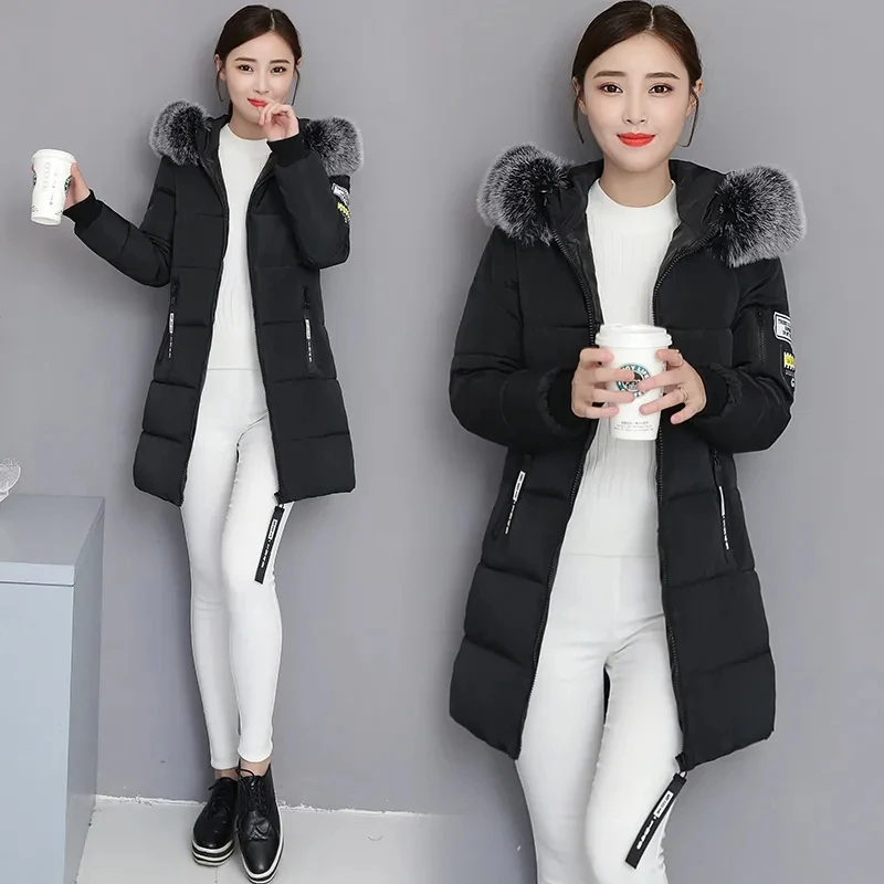 Abrigo de algodón coreano nuevo de invierno 2026 para mujer, chaqueta de longitud media con cuello de piel grande, abrigo grueso y cálido con capucha para mujer