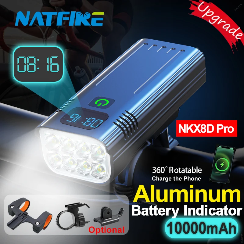 NATFIRE-luz Digital para bicicleta, 10000mAh, indicador de batería, juego de luces para bicicleta recargable por USB con 3 soportes, 8 linterna LED