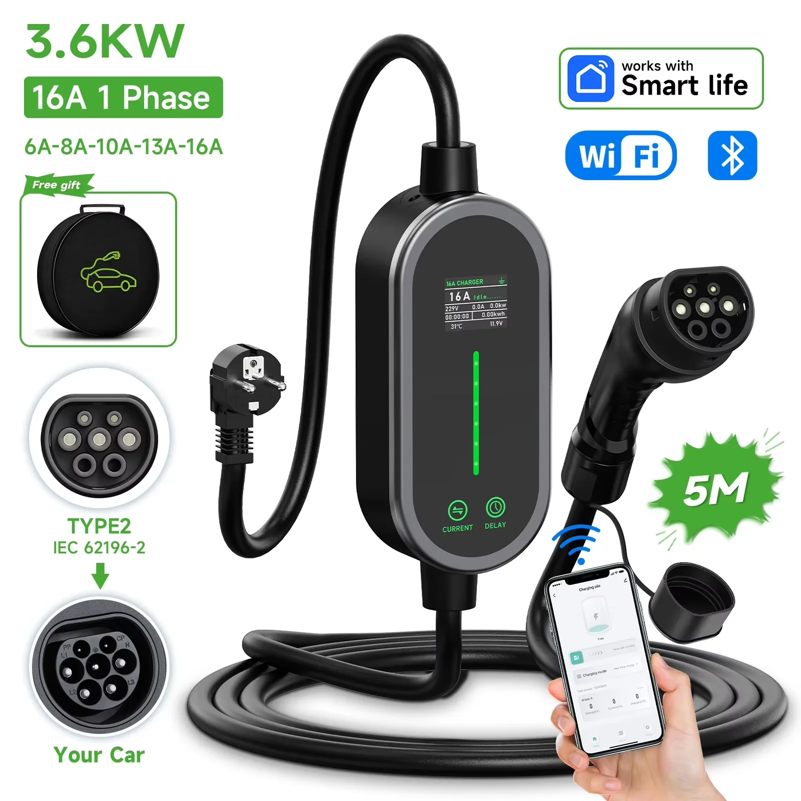 Cargador de coche eléctrico portátil EVSE de 3.5KW 16A Tipo 2, monofásico, con cable de carga para pared, control por WiFi y Bluetooth para uso doméstico.