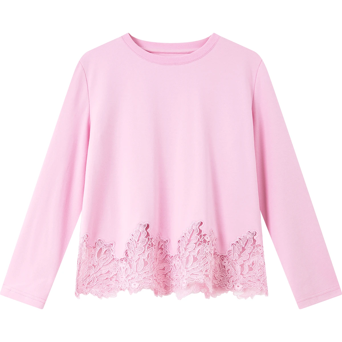 VIMLY Camisetas informales para mujer, primavera 2026, nueva moda, cuello redondo, ribete de encaje en contraste, Top holgado y versátil de manga larga A3980