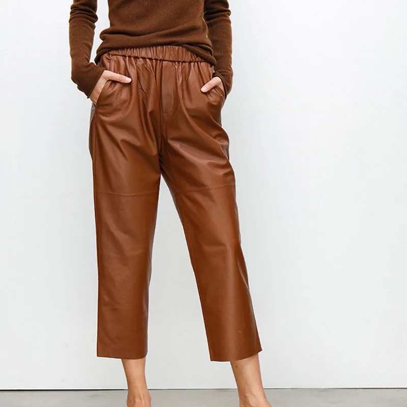 Pantalones Harem de Cuero Genuino para Mujer, Pantalones de Piel de Oveja Real, Cintura Alta Elástica, Nueva Moda Urbana 2026, Pantalones de Talla Grande, Moda Y2K