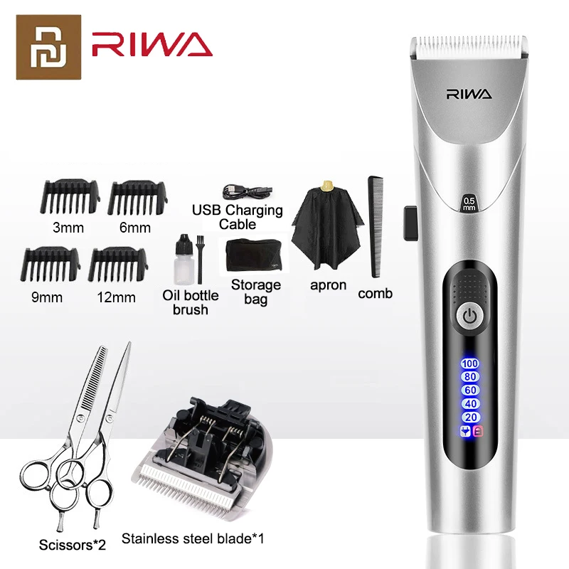 Youpin RIWA Maquina De Cortar Cabello Cortadora De Pelo Trimmer Barbero Cortapelos Profesional Hombre Maquinilla De Cortar Pelo Con Pantalla LED Cortapelo Dispositivo Lavable y Recargable Cabezal Cortador Acero