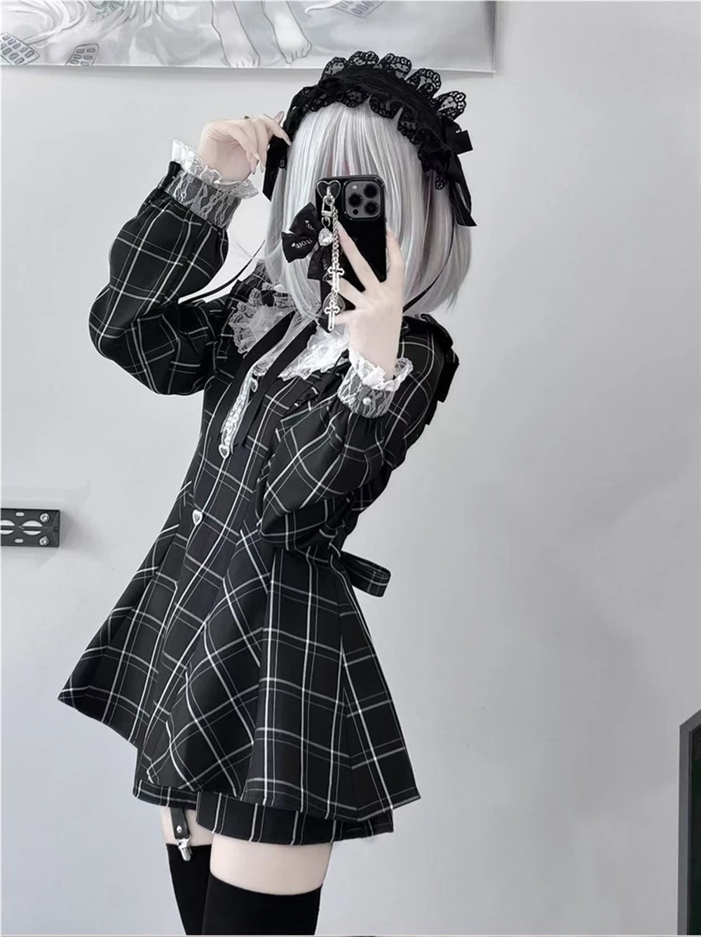 Vestido Lolita Kawaii para Mujer, con Encaje, Parches a Cuadros, Estilo Hada Grunge, con Volantes, Manga Larga, Estética Y2K