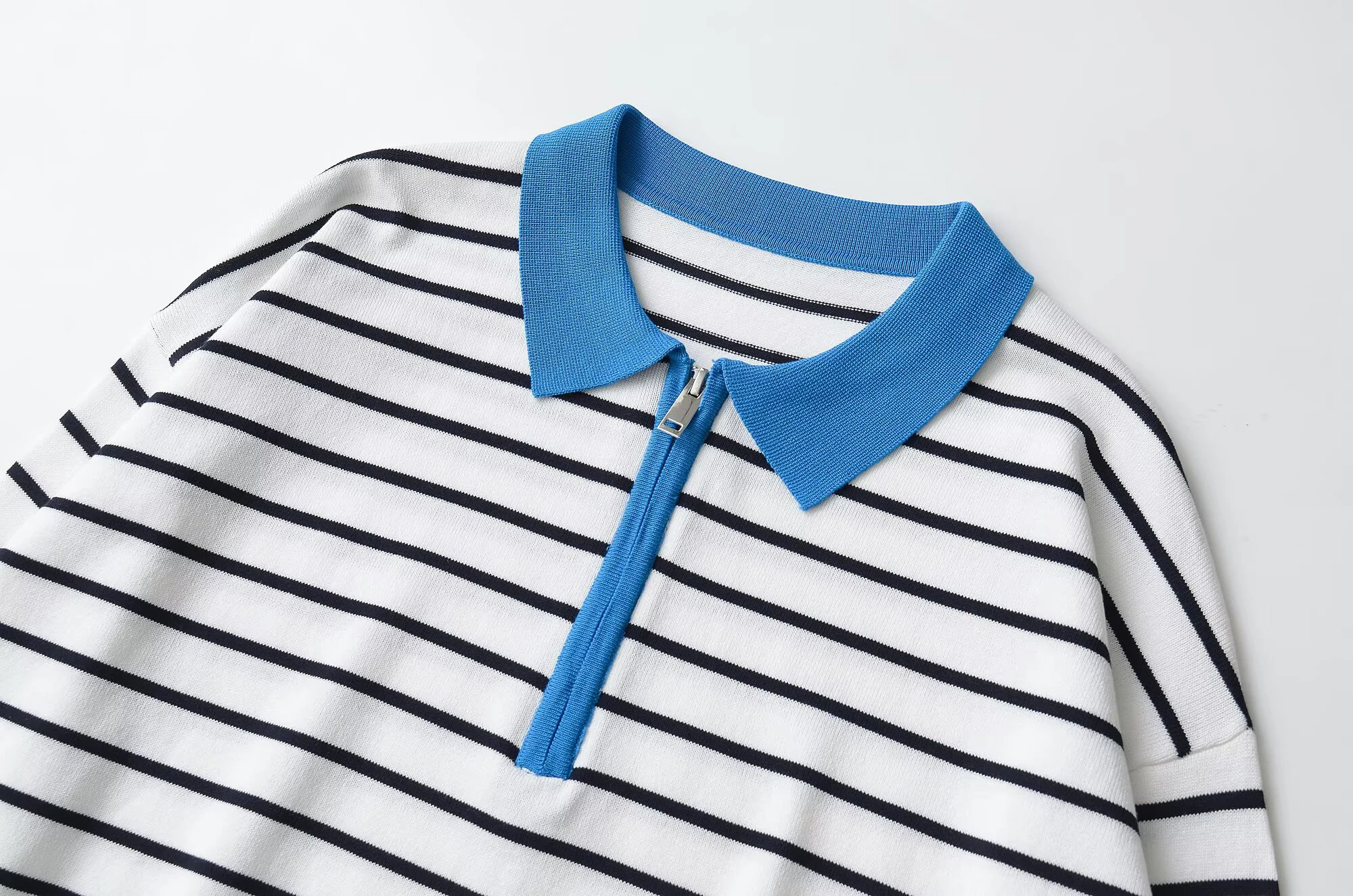 ZERAINS-suéter de punto de manga larga con cuello tipo POLO y media cremallera a rayas, estilo minimalista retro francés, top para mujer