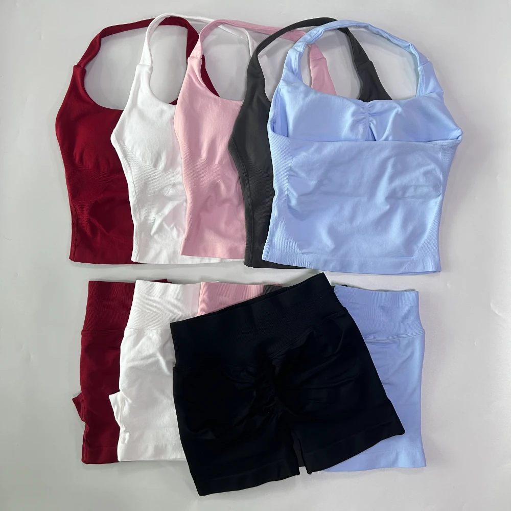Conjunto de gimnasio de 2 piezas sin logotipo para mujer, Tops con cuello Halter y espalda descubierta, pantalones cortos sin costuras de cintura alta, traje de gimnasio, ropa deportiva, conjuntos de entrenamiento