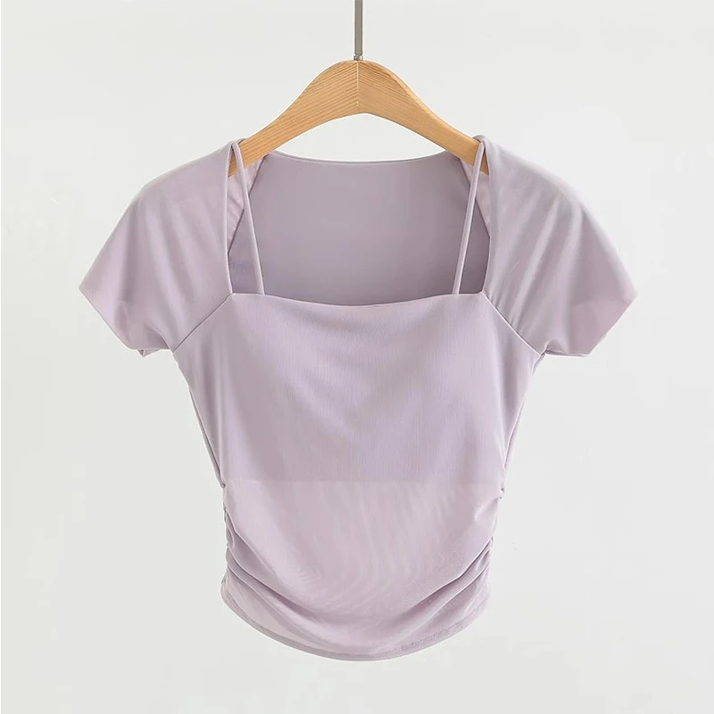 Camisas de Yoga acolchadas para mujer, Top corto deportivo de manga corta, camiseta de entrenamiento para Fitness, medias recortadas sexis para correr, ropa de gimnasio