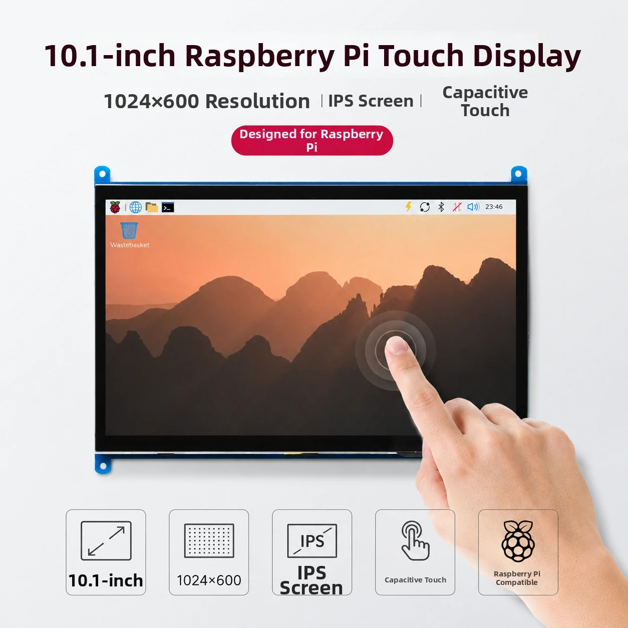 Monitor Raspberry Pi 4/3/2/B/B+/A+ de 10,1 pulgadas, 1024x600 IPS, pantalla táctil capacitiva de 5 puntos, pantalla HDMI sin necesidad de unidad para Win 7/8/10
