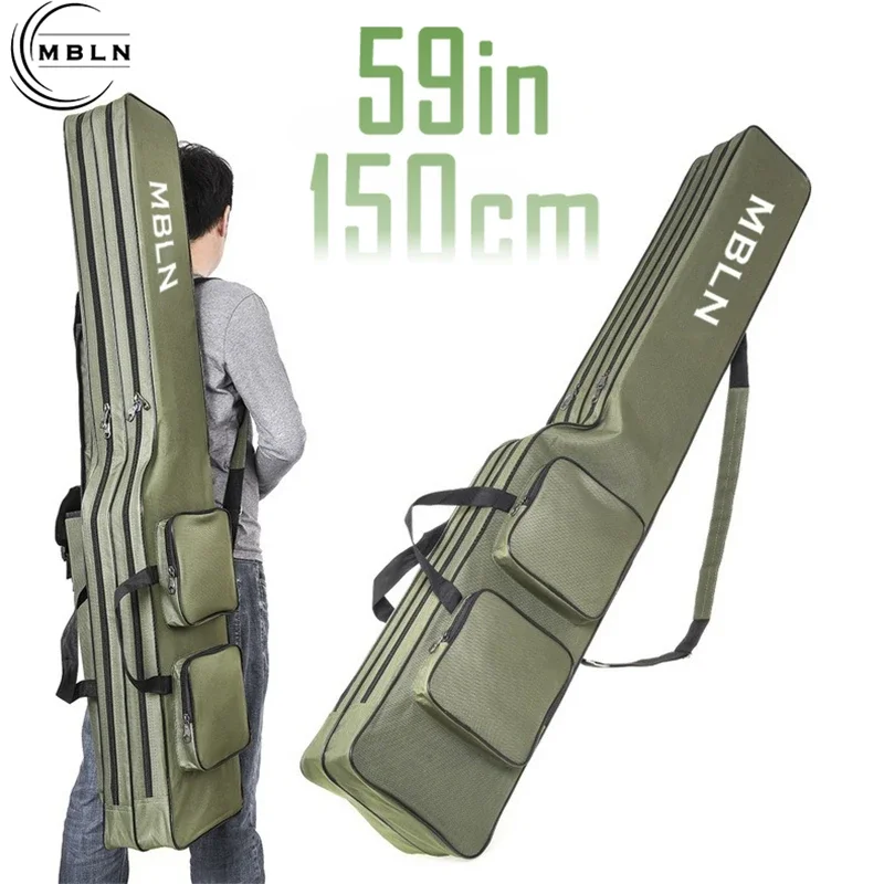 Marca MBLN, bolsa para caña de pescar plegable de 150cm/59 pulgadas, poliéster 600D duradero, diseño de 2 capas con 4 bolsillos laterales, para pesca al aire libre