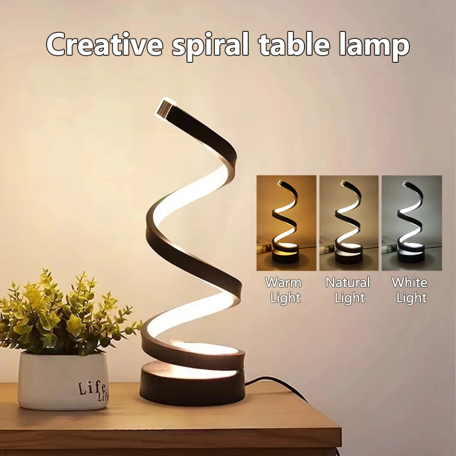 Mesa en espiral moderna, luz LED nocturna, lámpara de escritorio regulable, lámpara de mesita de noche para sala de estar, mesita de noche, estudio, oficina, decoración de dormitorio