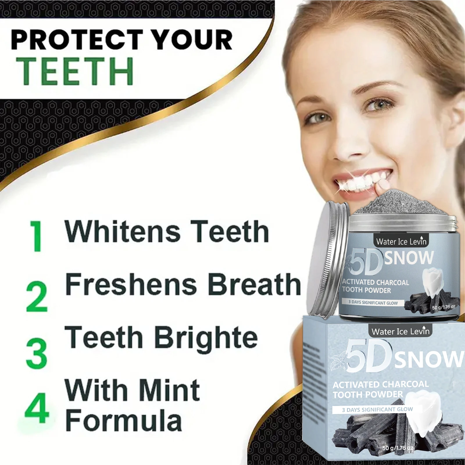 Polvo Blanqueador Dental de Carbón de Bambú - Blanqueamiento Natural para Hombres y Mujeres, Limpieza Profunda, Aliento Fresco, Pasta Dental Diaria