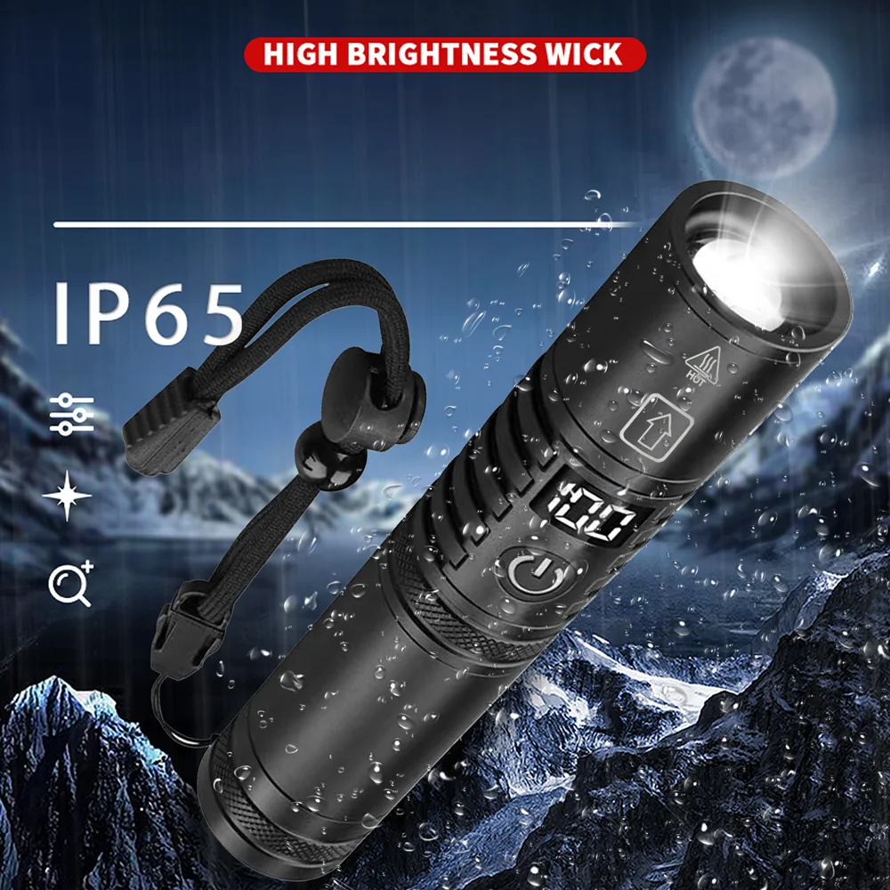 Foco de alta potencia, linterna LED de largo alcance con carga tipo C, linterna táctica de aleación de aluminio con zoom para exteriores
