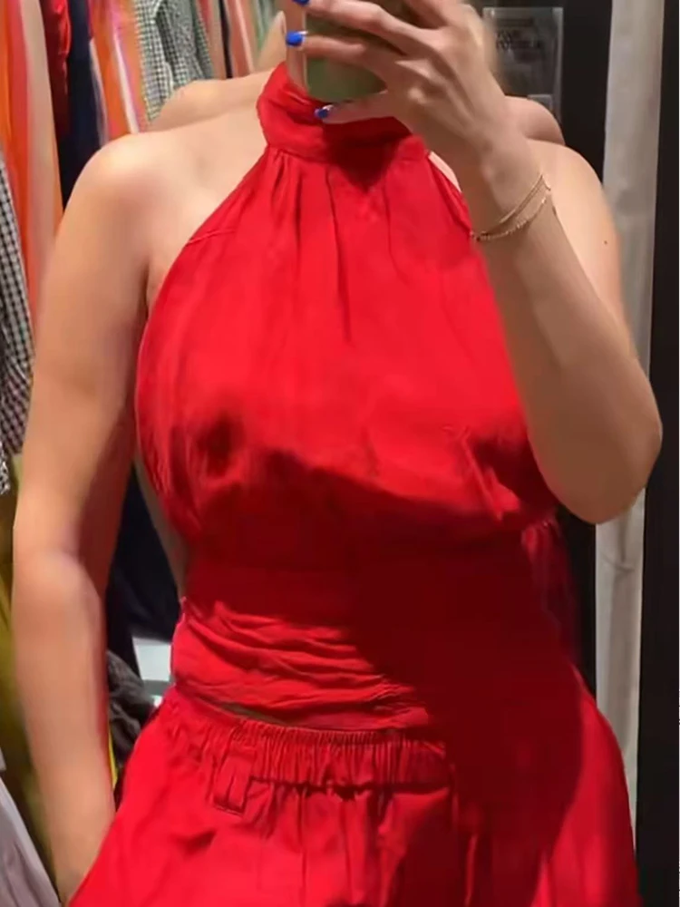 Conjunto de Top Rojo con Volantes para Mujer TFMLN, Top Halter sin Espalda y sin Mangas, Pantalones Rectos de Cintura Alta, Atuendo Chic, Sexy y a la Moda