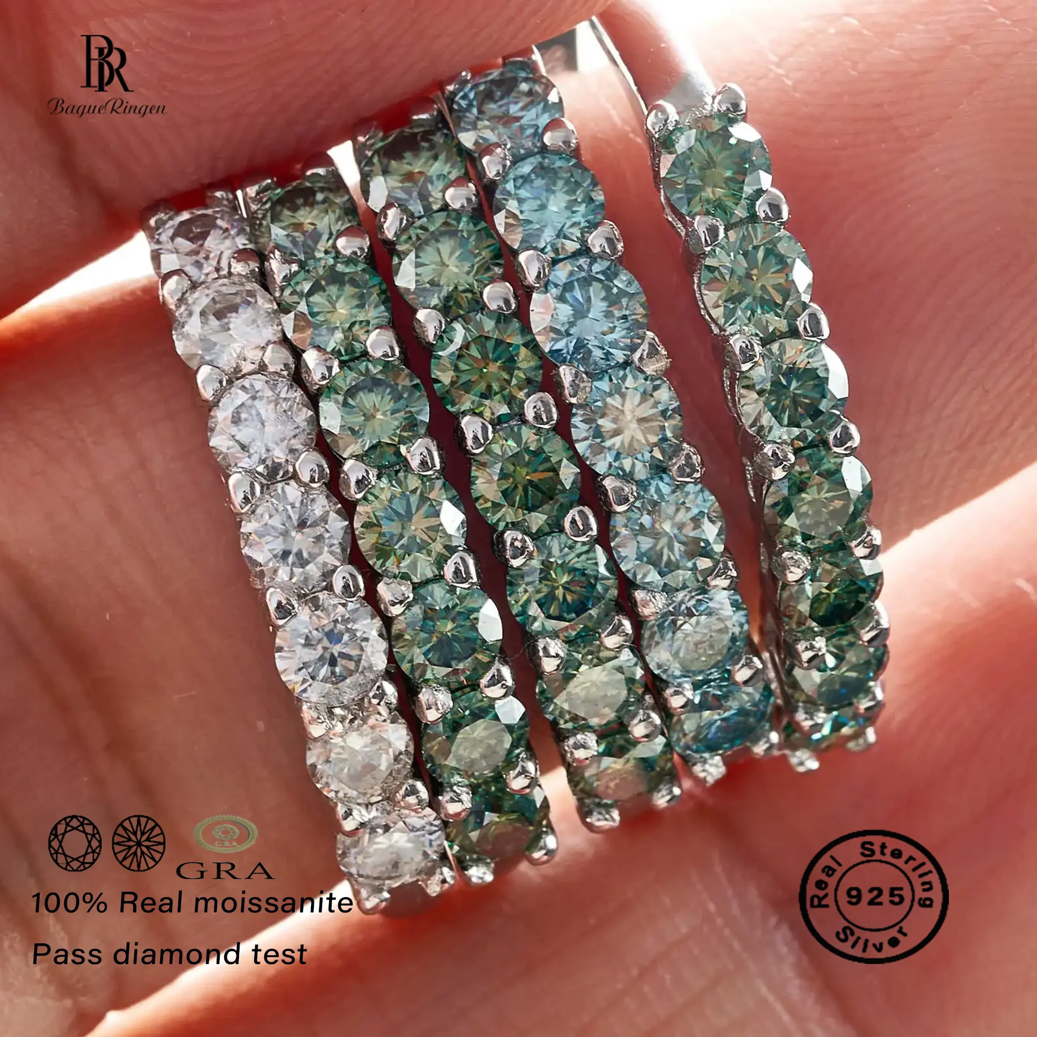 Anillo de moissanita redondo de 0,7 CT D Color VVS1 EX, anillo de eternidad de Plata de Ley 925, anillo de compromiso para mujer, banda de lujo para boda