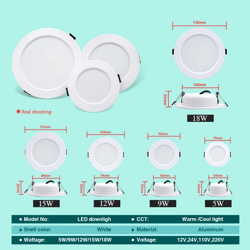 Luz descendente LED 5W 9W 12W 15W 18W cuerpo blanco luz de techo Led redonda DC 12V 24V AC 110V 220V dormitorio cocina iluminación LED interior