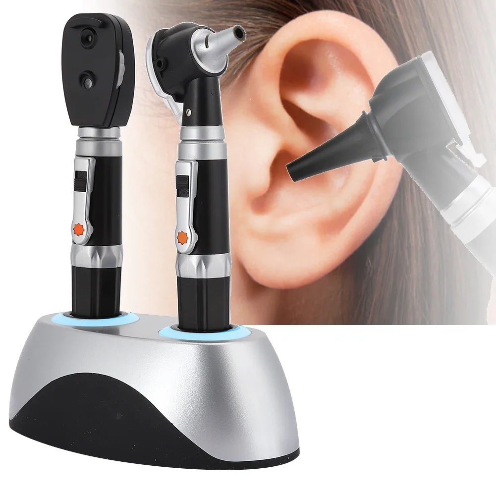Dispositivos de limpieza de oídos para examen de ojos y oreja de doble orificio, Base recargable, oftalmoscopio de fibra óptica, Kit de herramientas otoscopio, enchufe europeo USB