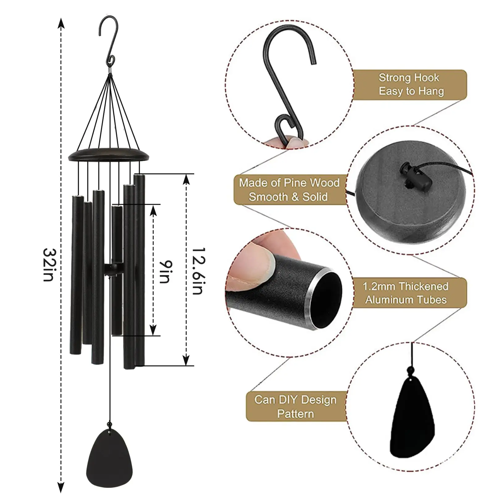 Campanas de viento para exteriores de 26 pulgadas, crea una atmósfera para decoración al aire libre de granjas, terraza, jardines, porche delantero y balcones