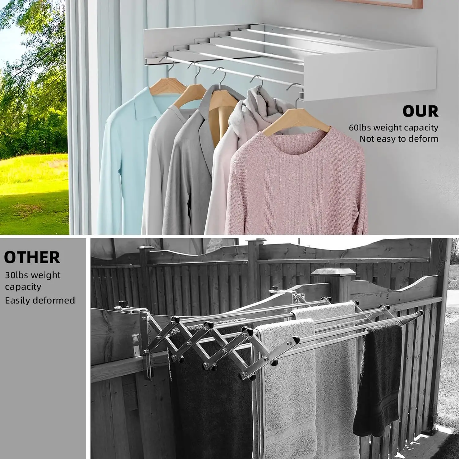 Tendedero plegable para ropa, tendedero para ropa montado en la pared, 5 varillas de aluminio, estantes para lavandería que ahorran espacio para secar ropa