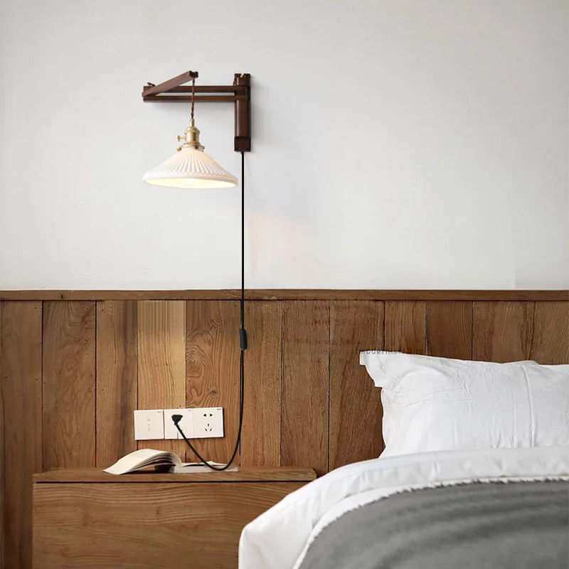 Lámpara de pared plegable Retro de color nogal, lámpara de noche para dormitorio, sala de estar, estudio japonés, sala de té, lámpara de cafetería acadérea
