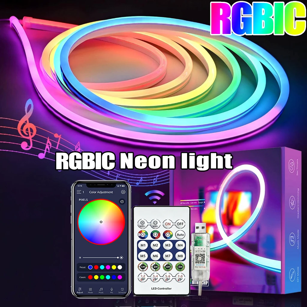 Tira de luces LED RGB+IC de neón de 5V, 1M 2M 3M 5M 10M, USB, impermeable, flexible, con control remoto Bluetooth para decoración del hogar